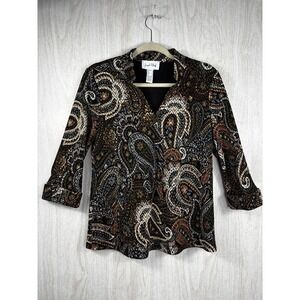 Joseph Ribkoff Paisley Print V Neck Top Womens 6 Brown Multi Luxe Chic